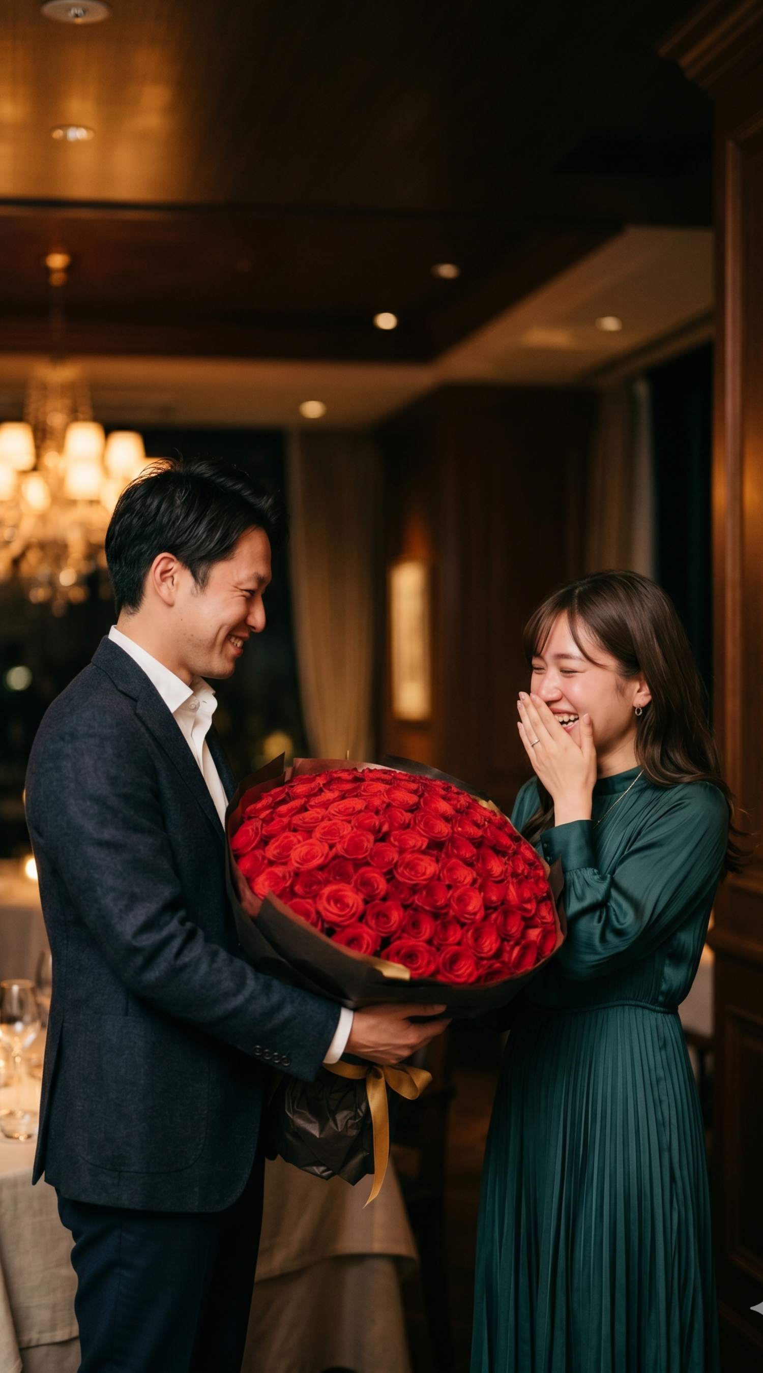 プロポーズの瞬間・赤いバラの花束を渡す